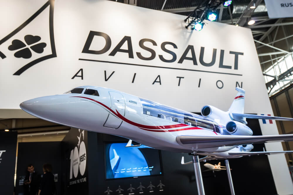Dassault aviation stand during Jetexpo-2016 exhibition at Vnukovo international airport.