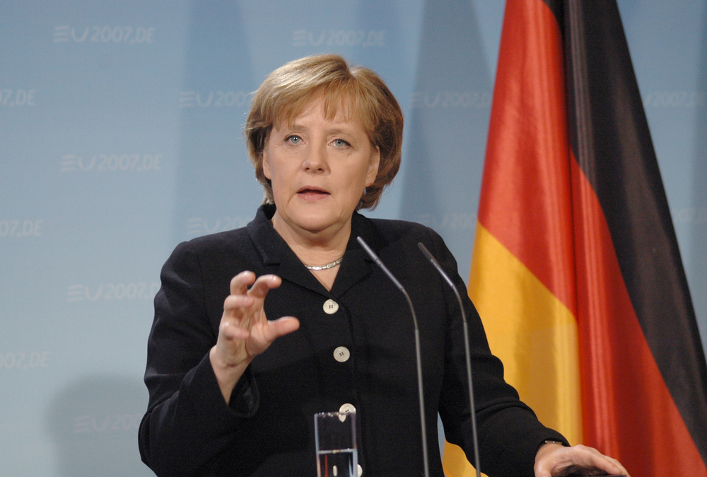 La chancelière allemande Angela Merkel lors d'une conférence de presse après une rencontre avec le Premier ministre britannique à la chancellerie de Berlin