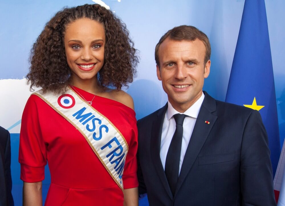 French President Emmanuel Macron poses with Miss France 2017, Alicia Aylies